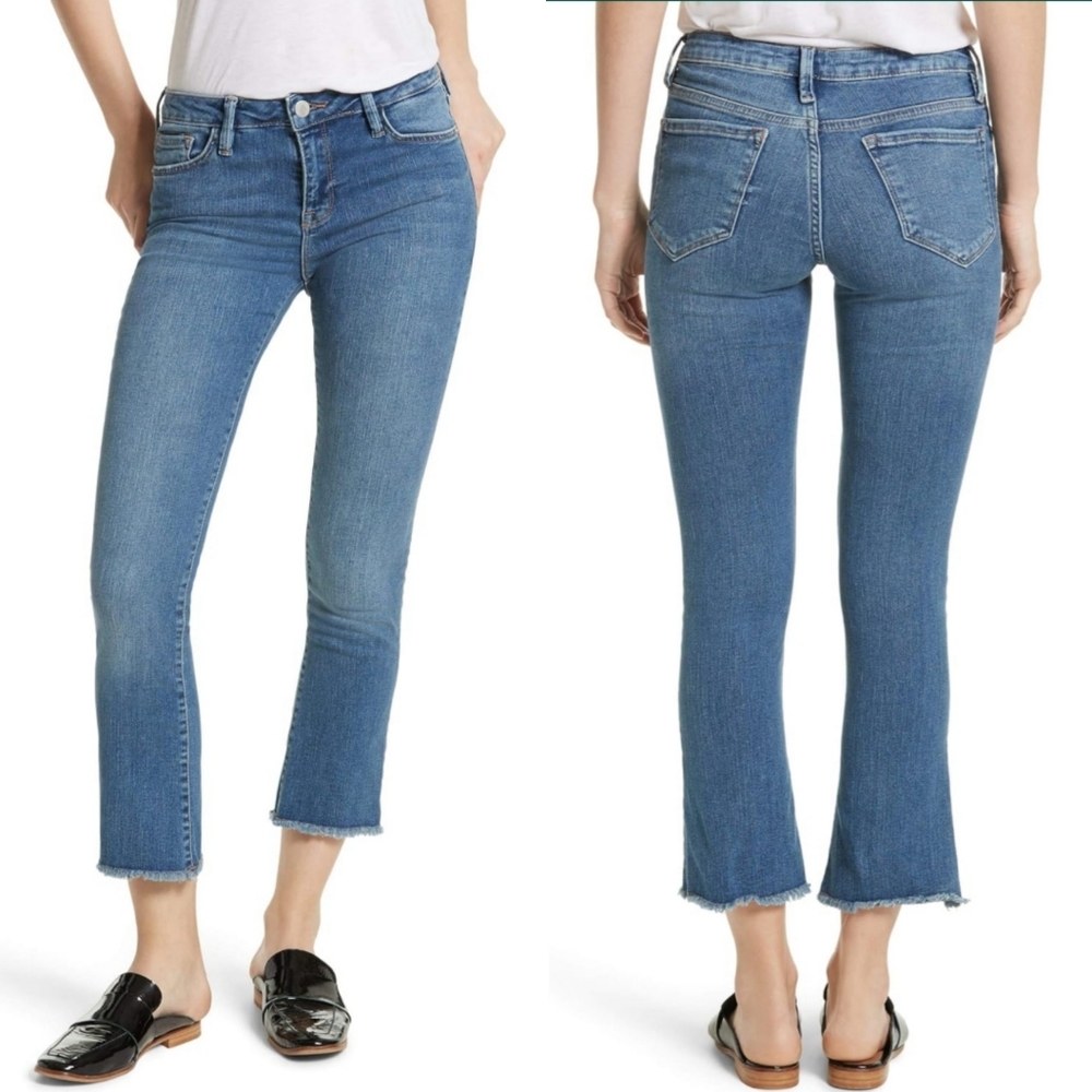 Free People Straight Leg Mid Rise Raw Hem Cropped Blue Jean | Women's Size 25